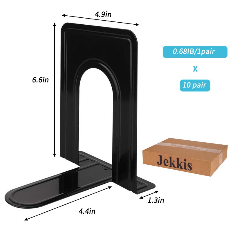 Jekkis 20pcs Metal Bookends for Shelves, 6.6"x 5.7"x 5" Black Heavy Duty Book Ends for Nonskid Bookend Supports Plain Large Bookends, Library Office Home, 10 Pair - Image 2